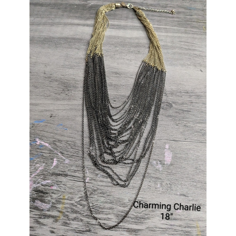 Charming Charlie Two Tone Multi Strand Bib Statement Necklace Gold Gunmetal 18"